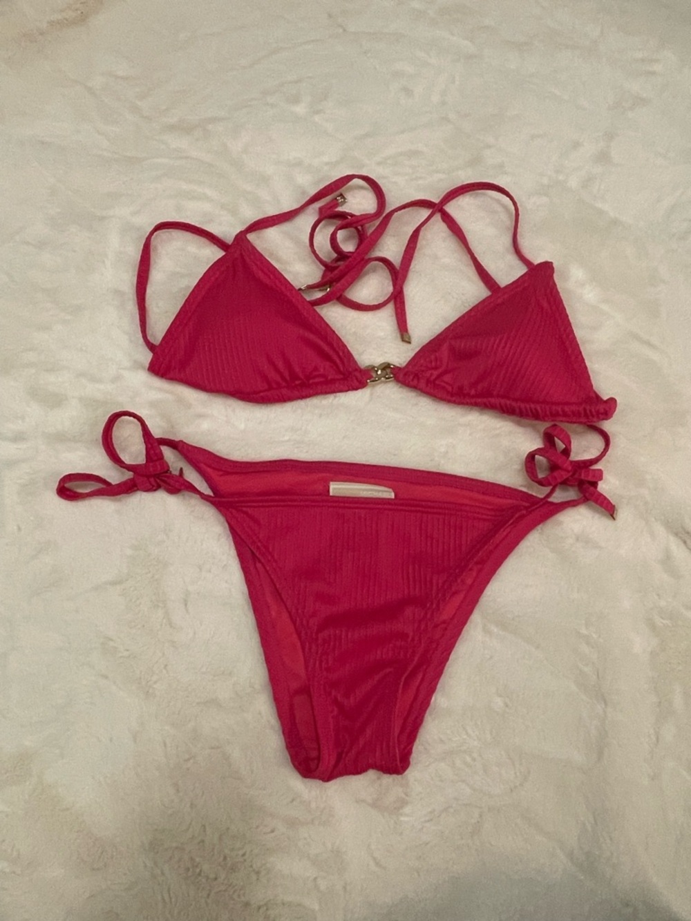 Michael Kors hot pink side tie halter bikini set with gold accents